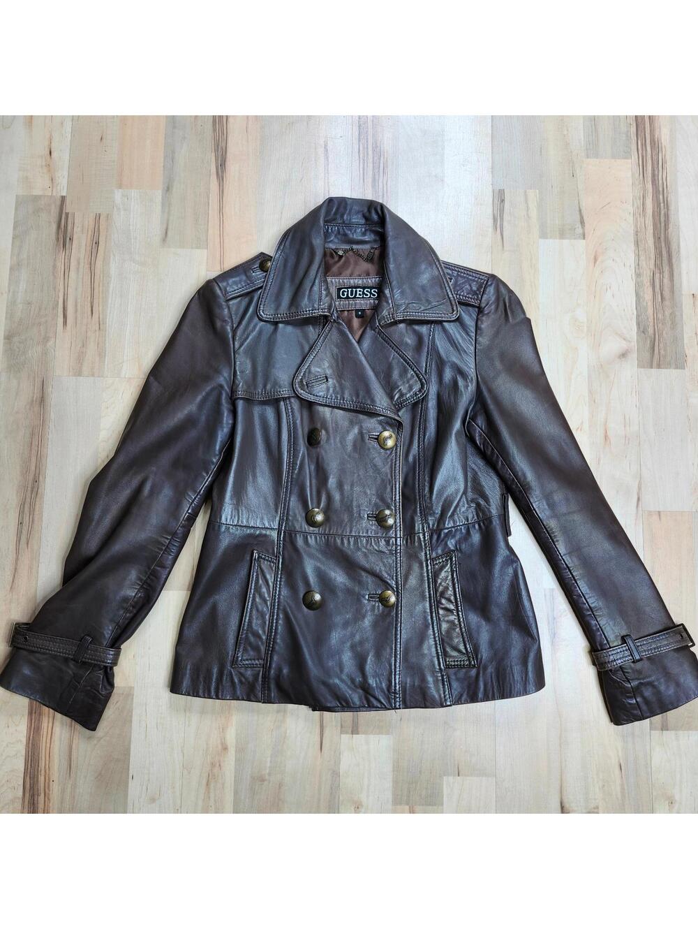 Guess Leather Jacket Double Breasted Brown Moto Biker Coat Women's Small